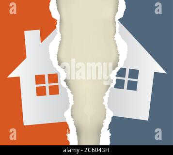 Haus, Aufteilung der Immobilie, zerrissenes Papierkonzept. Zerrissenes Papier mit dem bunten Symbol des Hauses, das die Teilung des Eigentums symbolisiert. Stock Vektor