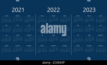 2021, 2022, 2023 Kalender, Woche Sonntag. Vektorgrafik, flache Ausführung. Stock Vektor