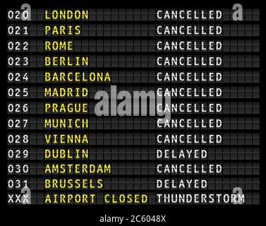 Fluginformationen auf einem Flughafen, die stornierte Flüge aufgrund eines Gewitters, Vektor, anzeigen Stock Vektor