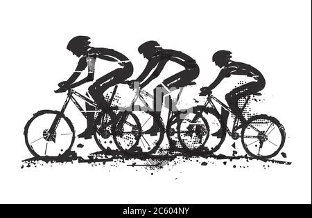 Mountainbiker, Wettbewerb. Ausdrucksstarke Grunge stilisierte schwarze Illustration von drei Radfahrern auf dem Mountainbike. Vektor verfügbar. Stock Vektor