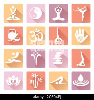 Spa Yoga Massage Symbole mit langen Schatten. Set von bunten Web-Icons mit gesunden Lebensstil Symbole.isoliert auf weißem Hintergrund. Vektor verfügbar. Stock Vektor