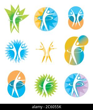 Icons Aerobic, Bewegung, Fitness. Set von bunten Symbolen für Sport und gesunde Lebensweise. Stock Vektor