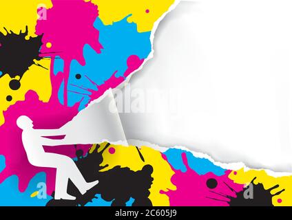 Werbevorlage für Farbdruck mit CMYK-Splash. Papier Mann Silhouette ripping Papier mit Druckfarben spritzt. Platzieren Sie Ihren Text oder Ihr Bild. Stock Vektor