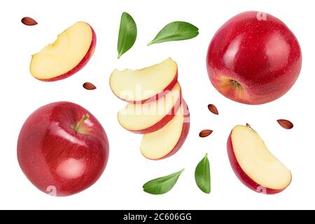 Roter Apfel mit halb isoliert auf weißem Hintergrund. Draufsicht. Flach liegend. Set oder Sammlung. Stockfoto