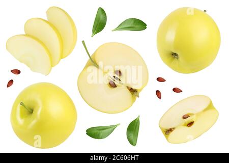 Gelber Apfel mit halb isoliert auf weißem Hintergrund. Draufsicht. Flach liegend. Set oder Sammlung. Stockfoto