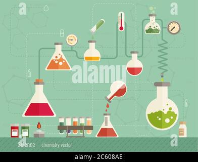 Infografiken für medizinische Labors, die eine chemische Lösung darstellen, die über einem bunsenbrenner kocht, der in eine Flasche zerlegt, die mit Glaswaren und biochemischen Verbindungen verbunden ist Stock Vektor