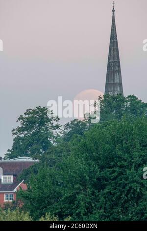 Salisbury, Wiltshire, Großbritannien. Mai 2020. Der Flower Supermoon hängt tief am frühen Morgenhimmel über der Salisbury Cathedral, die ihre 800 feiert Stockfoto