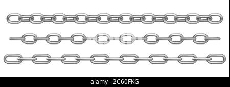 Verchromte Metallketten auf weißem Hintergrund isoliert. Vector realistische Satz von geraden schweren Stahlketten mit verschiedenen Größen Links. Rahmen oder Rahmenmuster mit verbundenen Edelstahlringen Stock Vektor