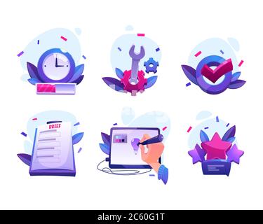 Arbeitsprozess des Grafikdesigners von der Auftragsannahme bis hin zur Kundenfeedback- und -Überprüfung. Vektor Cartoon-Symbole der kreativen Produktion mit Uhr, kurz, Getriebe, digitale Tablette und Häkchen Stock Vektor