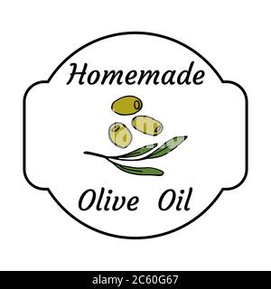 Selbstgemachtes Olivenöl Etikett. Skizzieren Doodle Stil Design-Vorlage. Handgezeichnete Vektor-transparente Illustrationen. Bunte Oliven. Stock Vektor