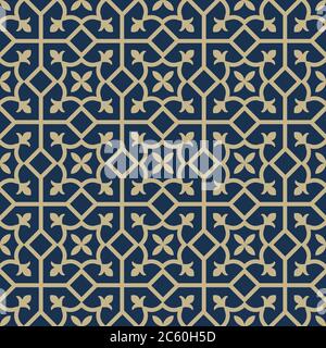 Nahtloses geometrisches Muster im orientalischen Stil.Vintage Islamische Tapete. Gitter Grafikdesign. Vektor moderne Fliesen Muster in Gold und dunkelblau. Stock Vektor