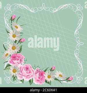 Schöner Vintage Rahmen mit Blumen auf grünem Pastellhintergrund. Stock Vektor