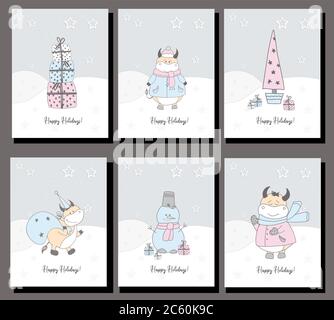 Frohe Feiertage. 2021 Symbol des Jahres des Ochsen. Set mit sechs weihnachtskarten. Die Bullen des neuen Jahres. Pastellfarben in zarten Farbtönen Stock Vektor