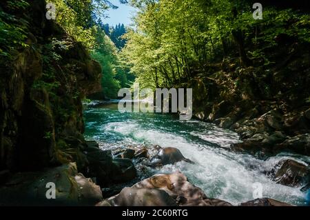 Blaue Lagune, Gebirgsfluss zwischen den Felsen im Wald Stockfoto