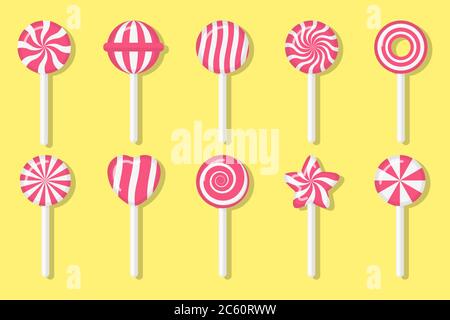 Lutscher Bonbons mit verschiedenen Spiralmuster Set. Rosa und weiße Dessert. Zucker glänzend Cartoon Candy Stick rund mit verdrehtem Design. Süße Leckerbissen. Isoliert auf gelber Vektorgrafik Stock Vektor