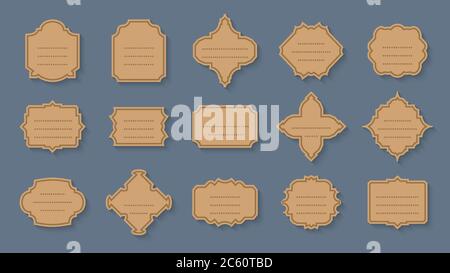 Craft Labels Retro mit Rahmen Vintage Set. Verschiedene Form leer Rand Tag Menü Verkaufspreis. Paketvorlage für Textbanner mit Punkt und Schatten. Elegance Aufkleber isoliert auf blauer Vektor-Illustration Stock Vektor