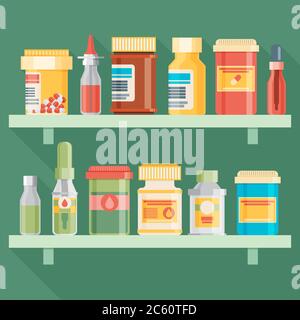 Medikamentenflaschen Set in flacher Ausführung. Vektorgrafik Stock Vektor