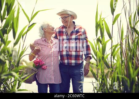 Liebevoller älterer Mann und Frau geht auf den Teich bei Picknick. Glückliche ältere Leute beim Picknick. Stockfoto