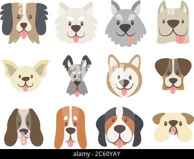 Kollektion „Dog Faces“. Nette Cartoon Hund Gesichter mit ihrer Zunge draußen. Avatar-Symbol eingestellt. Vektorgrafik. Stock Vektor