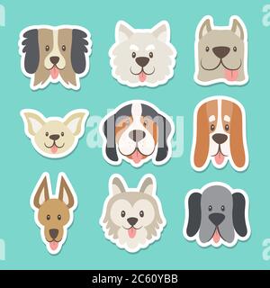 Niedliche Sticker-Kollektion mit verschiedenen Köpfen von Hunden im Cartoon-Stil. Vektorgrafik. Stock Vektor