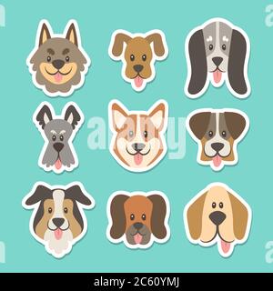 Niedliche Sticker-Kollektion mit verschiedenen Arten von Hunden im Cartoon-Stil. Vektorgrafik. Stock Vektor