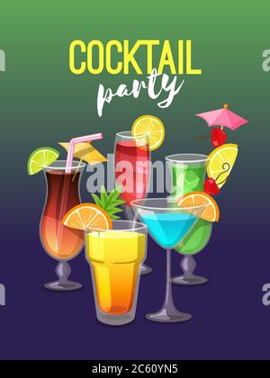 Cocktail Party Poster mit tropischen Drinks auf grün und blau grandienter Hintergrund. Vektorgrafik. Stock Vektor