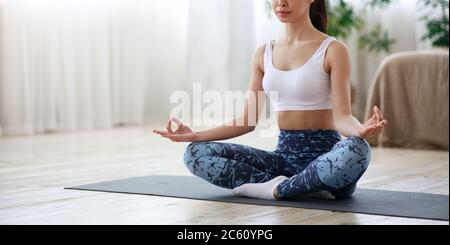 Nicht Erkennbare Sportliche Frau, Die Yoga Zu Hause Praktiziert, Meditiert In Lotusstellung Stockfoto