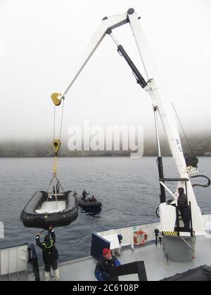 Freigabe von Zodiacs aus dem Spirit of Enderby Expeditioncruise Deck durch die Crew auf den Antipodes-Inseln, Subantarktische Inseln von Neuseeland Stockfoto