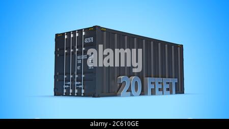 20 Fuß Seecontainer auf blauem Hintergrund 3D-Rendering Stockfoto
