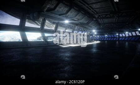 Allein astronaut im futuristischen Raum Flur, Zimmer. Blick auf die Erde. 3D-Rendering. Stockfoto