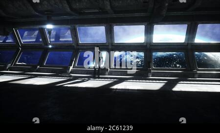 Menschen in futuristischen Raum Korridor, Raum. Blick auf die Erde. 3d-Rendering. Stockfoto