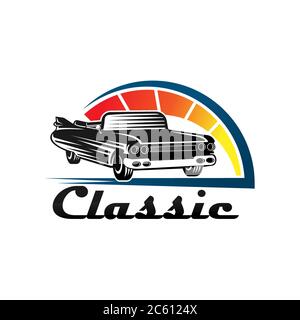 Oldtimer Logo Abzeichen und Emblem Vektor Illustration. Vintage Classic Car Vektor-Logo Symbol Silhouette Design. Classic Car Logo Vektor Illustration fo Stock Vektor