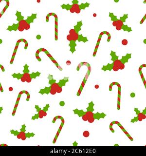 Weihnachtsmuster mit Stechbeeren, Zuckerstöcken, Schneebällen auf weißem Hintergrund. Winterdesign. Vektorgrafik. Stock Vektor