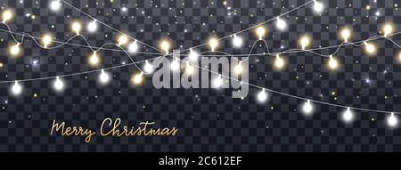 Weihnachtslichter auf dunklem transparenten Hintergrund isoliert. Fröhliche Weihnachten Hand-Schriftzug mit glühenden goldenen Girlande Lichter. LED-Neonlampe. Helle dez Stock Vektor