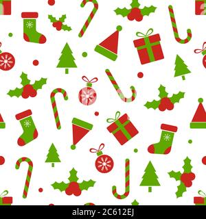 Weihnachtsmuster mit Stechbeeren, Kugeln, Geschenkboxen Zuckerrohr, Glocke, Baum, Schneeflocken. Frohe Weihnachten nahtlose Muster. Design-Elemente für den Urlaub. Stock Vektor