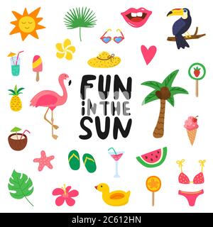 Spaß in der Sonne Handgezeichnetes Zitat mit sommerlichen Elementen. Sommer-Design mit Doodle Flamingo, Blumen, tropischen Früchten, Süßigkeiten. Farbset für Karten, Poster Stock Vektor