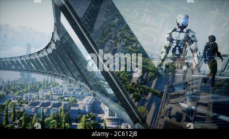 Roboter in Sci Fi tonnel. Konzept der Zukunft... 3d-Rendering..3d-Rendering. Stockfoto