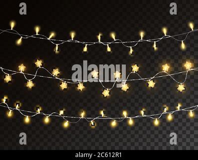 Weihnachtslichter auf dunklem transparenten Hintergrund isoliert. Glühende goldene Girlande Lichter. LED-Neonlampe. Helle Dekoration für Weihnachtskarten, Banner, Pos. Stock Vektor