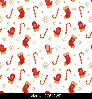 Weihnachtsmuster mit Fäustlingen, Weihnachtssocken, Zuckerstöcken, Schneeflocken und Schneebällen auf weißem Hintergrund. Einzigartiges handgezeichnetes Winterdesign für Begrüßung ca. Stock Vektor