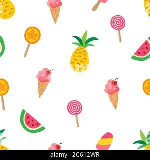 Süßes Sommermuster mit Ananas, Wassermelonen, Eis, Lolipops. Bunte Sommerstruktur mit tropischen Früchten. Moderne Vorlage für Druck, banne Stock Vektor