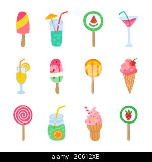 Sommer Strand Party auf weißem Hintergrund isoliert gesetzt. Handgezeichnete Cocktails, Süßigkeiten, Lutscher, Eiscreme-Sammlung. Vektorgrafik. Stock Vektor
