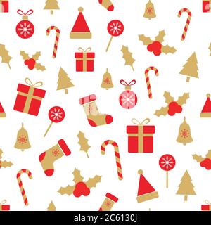 Weihnachten nahtlose Muster mit Stechbeeren, Kugeln, Geschenkboxen, Zuckerrohr, Glocke, Baum, Schneeflocken. Rote und goldene Design-Elemente für den Urlaub. Vektorgrafik Stock Vektor