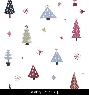 Weihnachtsbaum nahtlose Muster. Doodle XMAS Baum und Schneeflocken Textur. Handgezeichnetes Weihnachtsdesign für Grußkarten, Geschenkpapier, Poster. Scannen Stock Vektor