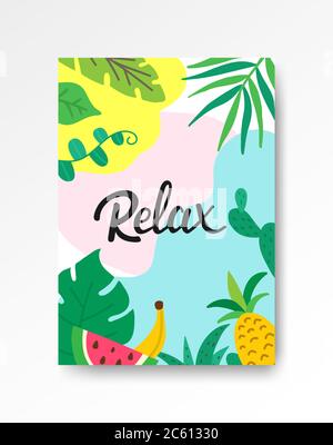 Entspannen Sie sich tropisches Poster A4. Handgezeichnete Schrift mit Blättern und Früchten. Sommerferienkonzept. Banner für tropische Ferien. Kreative tropische Vektor Stock Vektor