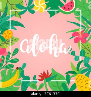 Aloha Konzept. Handgezeichnete Schrift auf rosa Hintergrund. Tropische Blätter, Früchte und Blumen für Poster, Banner, Flyer. Sommer-Vektor Stock Vektor