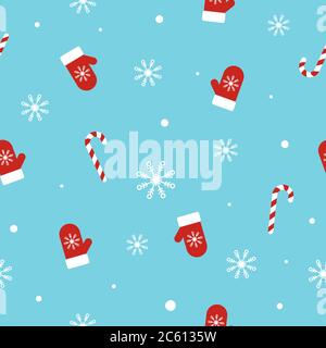 Weihnachtliche Nahtloses Muster mit Fäustlingen, Zuckerstöcken, Schneeflocken und Schneebällen auf blauem Hintergrund. Einzigartiges handgezeichnetes Winterdesign. Vektor Stock Vektor