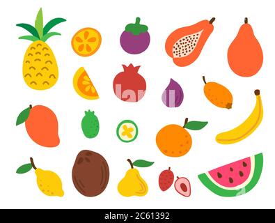 Doodle Fruit Set isoliert auf weißem Hintergrund. Natürliche tropische Früchte. Handgezeichnete Bio-Lebensmittel. Gesunder frischer Salat. Cartoon-Symbole. Veganes Menü.Vektor Stock Vektor