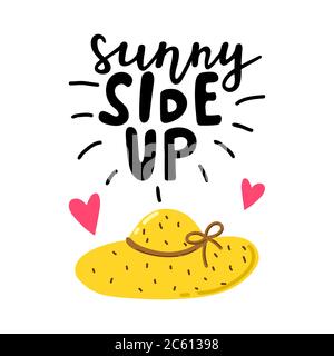Sunny Side up handgeschriebene Schriftzüge. Handgezeichnete Phrase mit Hut und rosa Herzen. Sommerurlaub Dekorationen für Grußkarte. Sommer-Vektor Stock Vektor