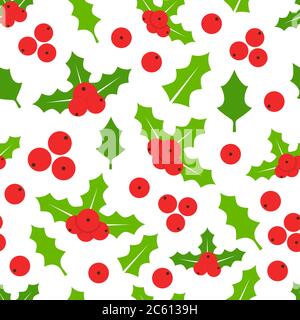 Holly Beeren Nahtloses Muster. Mistelhintergrund. Winterstruktur mit roten Beeren und Blättern. Weihnachten Design-Elemente für Kranz, festlich. Vektor Stock Vektor