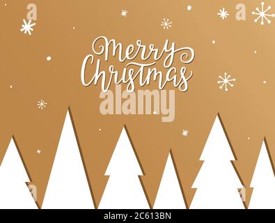 Weihnachtliche Golduntermalung mit Bäumen, Schnee, Schneeflocken und Handschriftzug. Frohe Weihnachten handgezeichnete Phrase. Weihnachtskarte mit Winterlandschaft. Vektor Stock Vektor